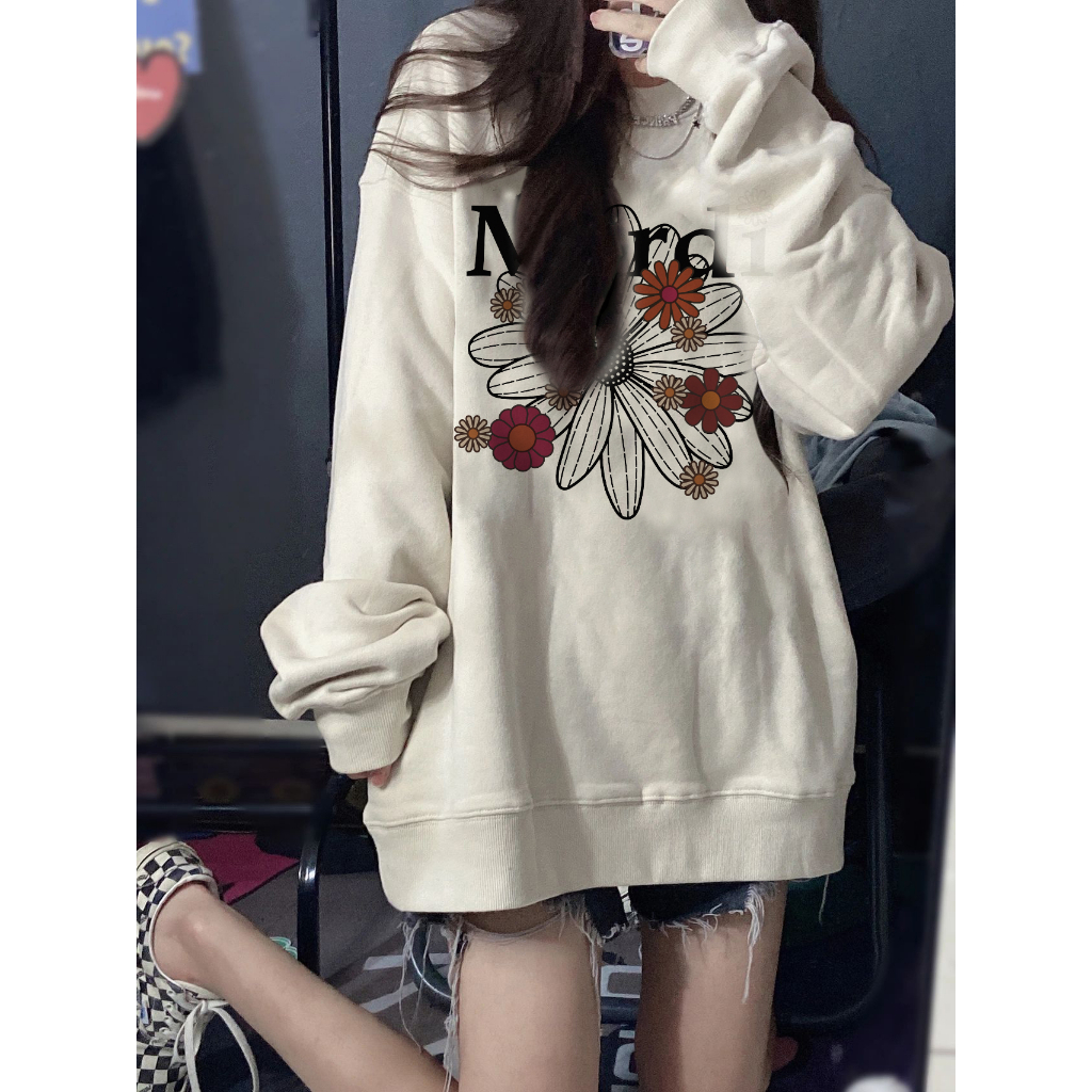 EUNII Sweater Lengan Panjang Cartoon Daisy Flower Printing Korean Style/Sweater Crop/Baju Wanita/Switer Wanita/Switer