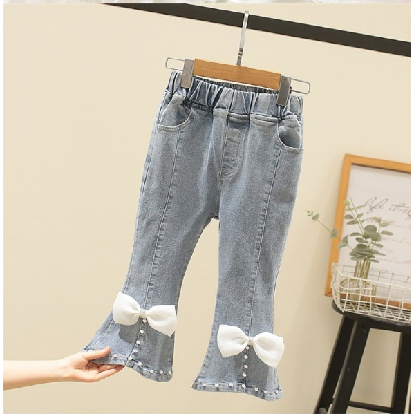 SETELAN ANAK CEWEK RENDA BAHU CELANA JEANS PITA SIZE 100-140 IMPORT