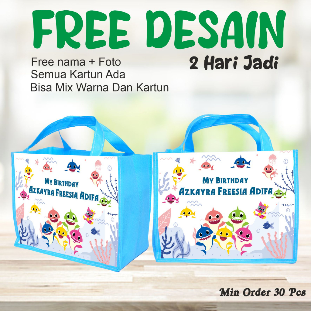 

PAKET 50 PCS BABY SHARK/FREE DESAIN FOTO DAN NAMA/GOODIE BAG/PAKET TAS ULANG TAHUN