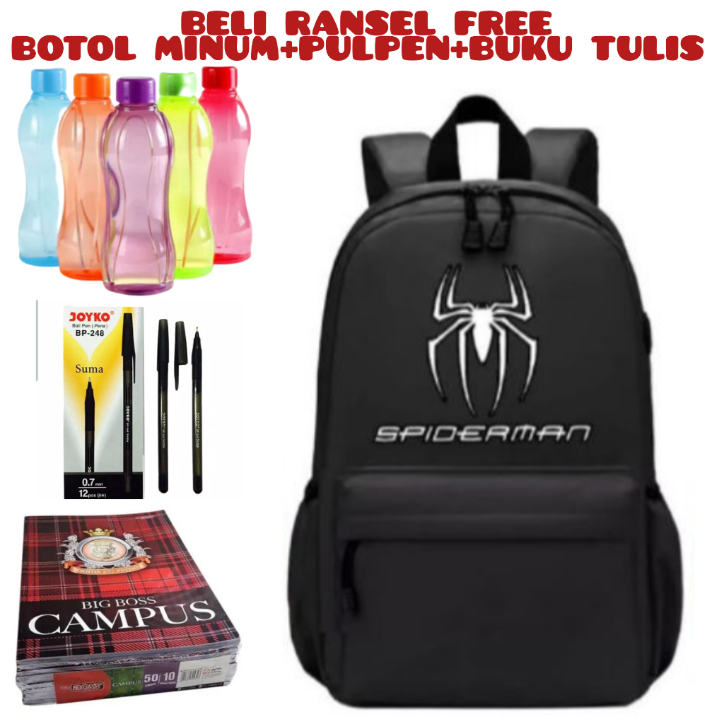 JS_ Beli 1 Dapat 4-Tas Sekolah SPIDERMAN Anak Laki-Laki Anak Perempuan Backpack Sekolah Anak TK SD Beli Ransel Free Botol Minum+Pulpen+Buku Tulis