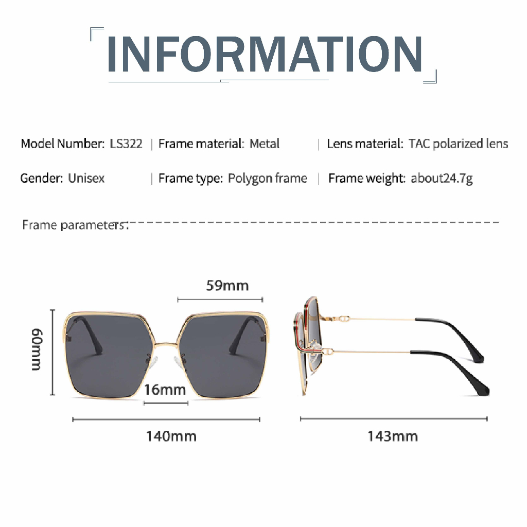 SSON TVTE - Kacamata Hitam Polarized Kotak Oversize Metal Sunglasses Outdoor Anti UV400 LS322