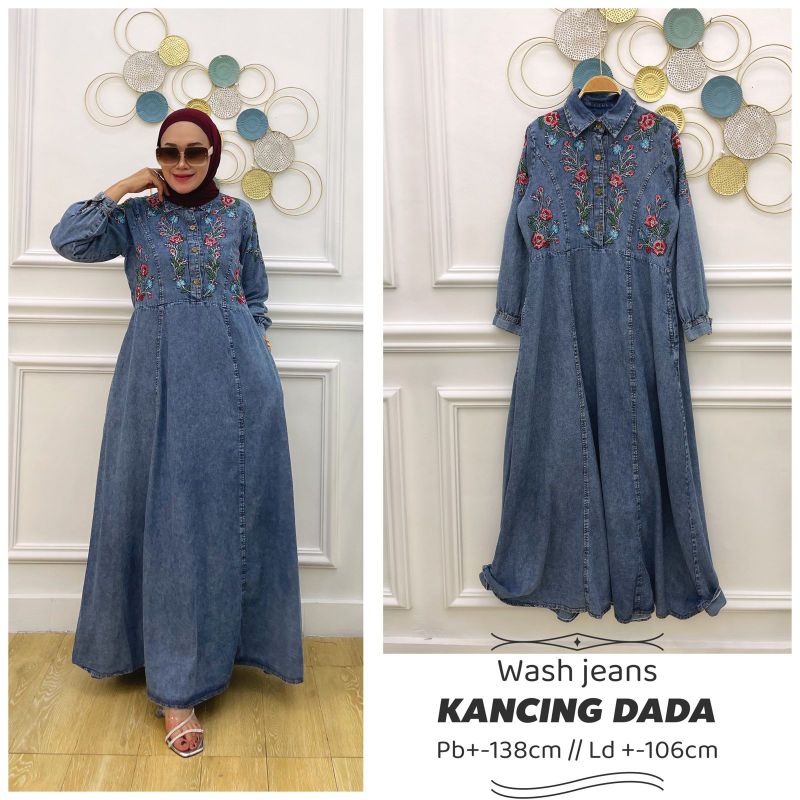 Flo Jeans Maxy gamis wanita muslim gamis jeans wash import gamis bordir asli gamis busui