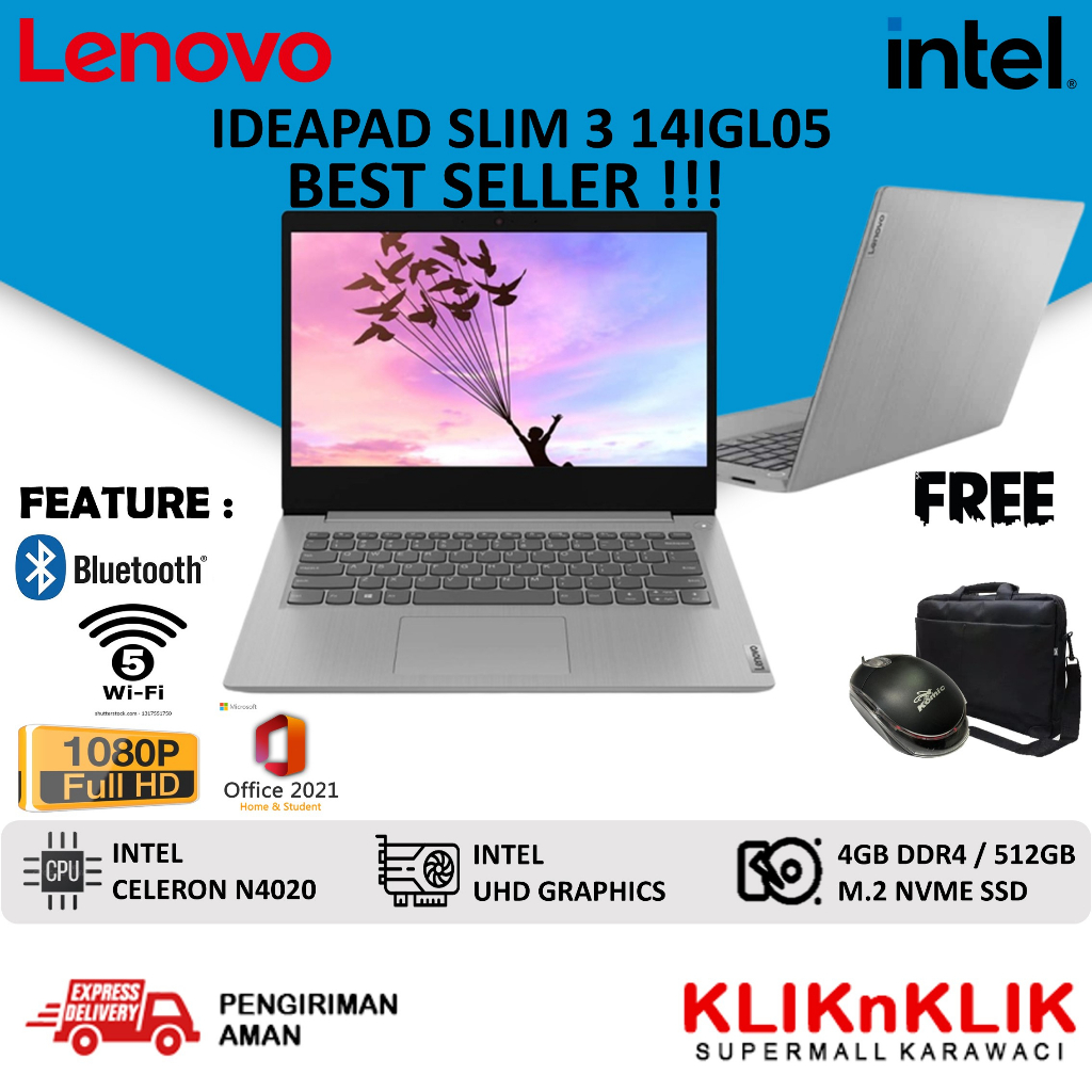 LENOVO IDEAPAD SLIM 3 INTEL N4020 4GB 256GB SSD INTEL UHD 14 FHD WIN10 OFFICE HOME STUDENT