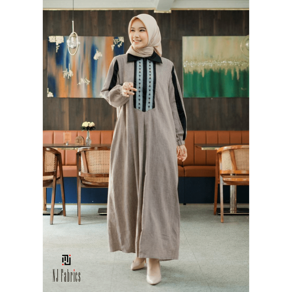 NJFabrics Collar Dress Stripe Gamis Casual Hijab Wanita Katun Slub Premium Coklat - Abu