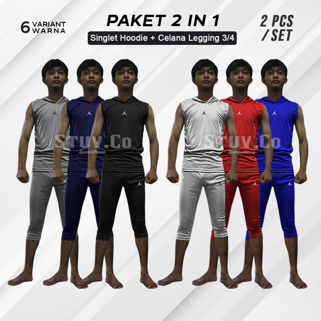 2IN1 BASELAYER OLAHRAGA SINGLET HOODIE DAN LEGGING 3/4 PRIA WANITA