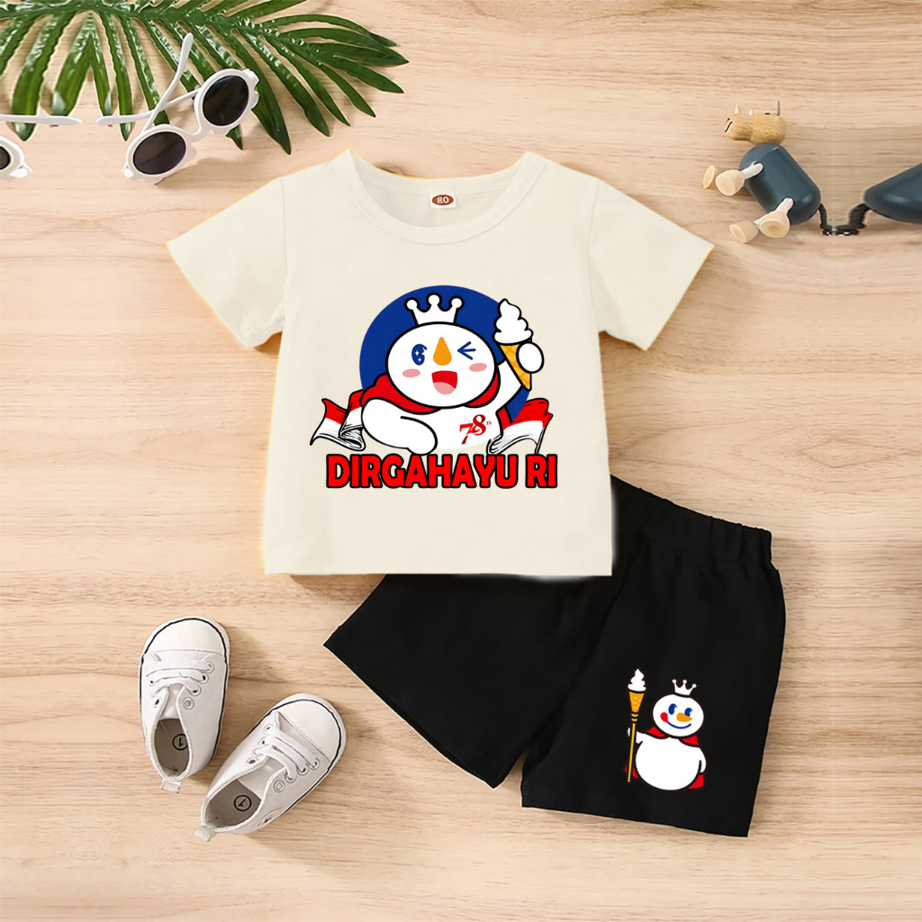 Baju Anak Stelan Kaos 3/4 MIXUE INFO HUT RI 78 NKRI INDONESIA PANCASILA Cowok Cewek  Usia 1 - 4  Tahun Celana Pendek Harian