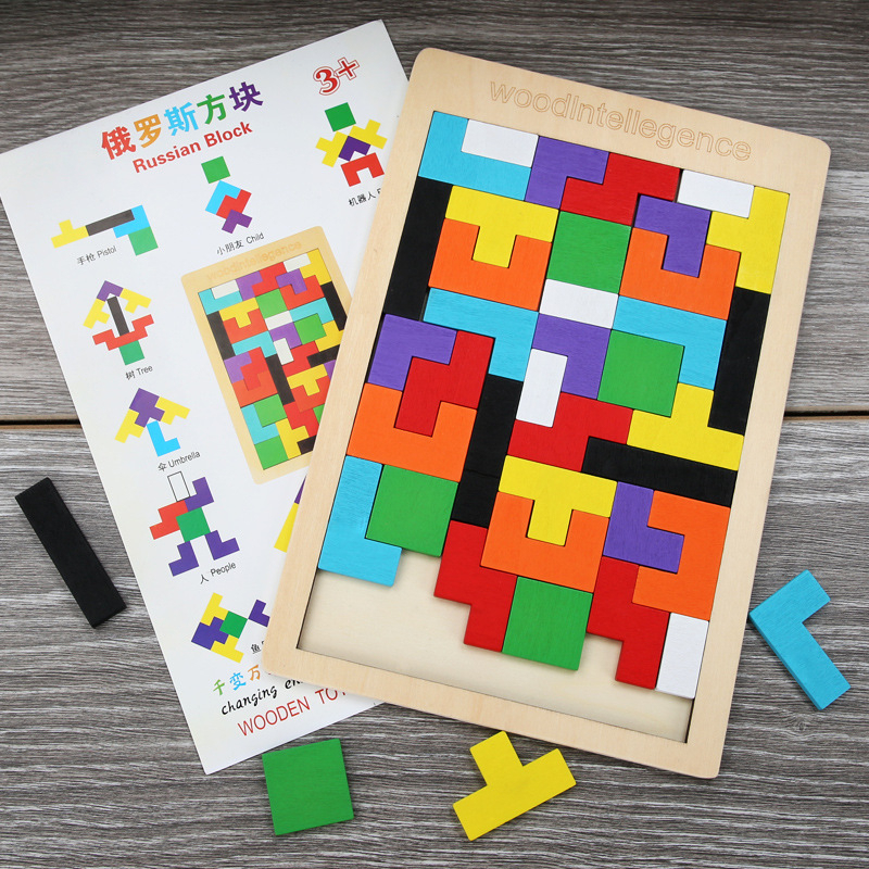 Mainan Anak Puzzle Kayu Tangram Tetris Russian Block Edukasi Shape Wood Intelligance