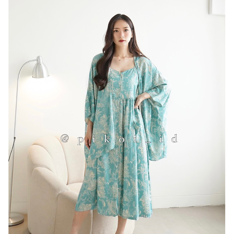 Setelan dress dan cardigan pantai / summer dress wanita pastel / dress pantai katun / set outer 3458