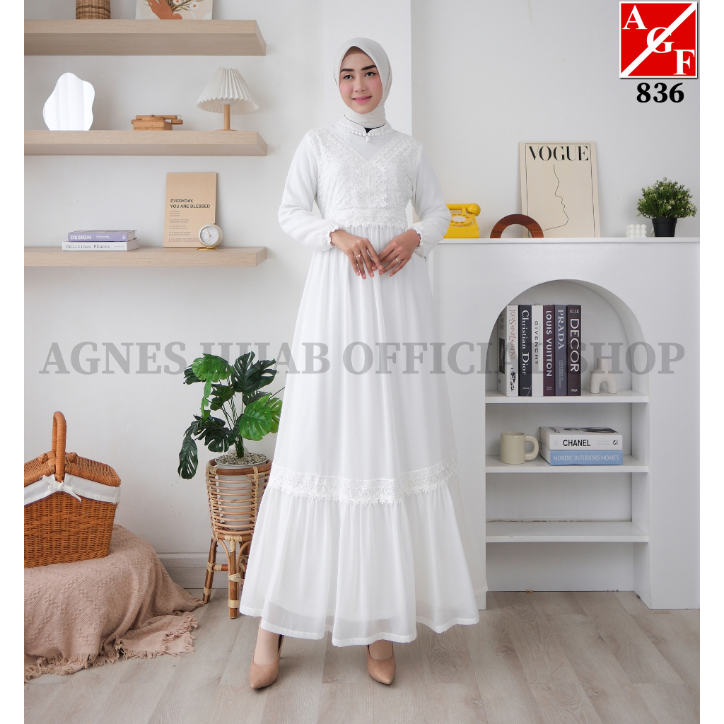 Official Agnes Hijab - Jihan Dress Gamis Putih Premium Baju Lebaran 2025 Gaun Pesta Mewah Simple