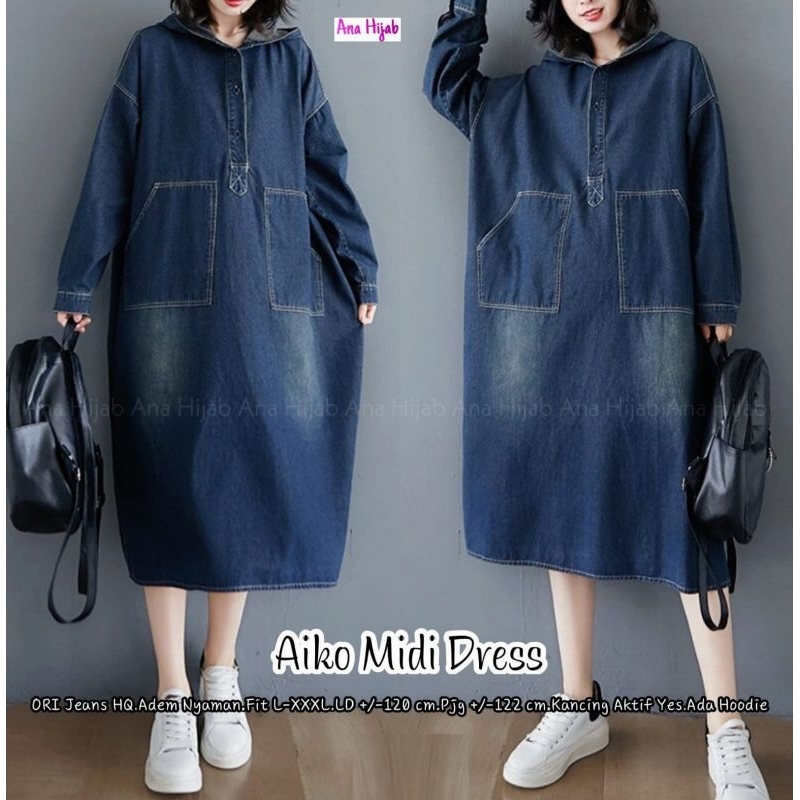 MIDI DRESS JEANS WANITA JUMBO/AIKO/DRESS WANITA JEANS HQ JUMBO LD 120 CM FIT XXXL