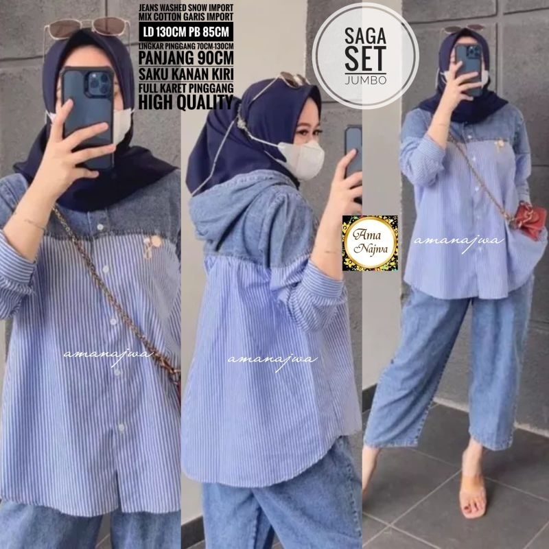 Saga One Set Setelan Celana Blouse Jeans Mix Katun Garis Ld 130 Jumbo Fit XXXL By Amj