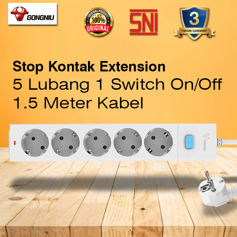 GONGNIU Stop Kontak 1 Switch On Off 5 Lubang Kabel Extension