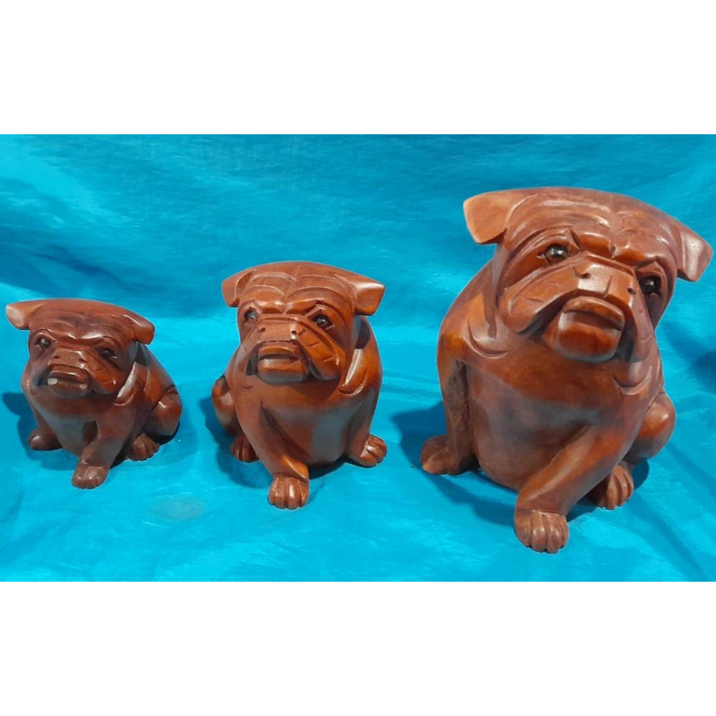 Patung kayu Anjing Bulldog Duduk Kerajinan handmade Bali