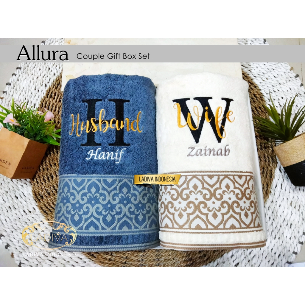 Luxury Hampers Couple GIFT BOX SET - Handuk Couple Premium ALLURA Series + CUSTOM BORDIR + EXCLUSIVE