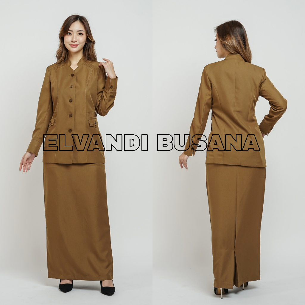 SETELAN JAS WANITA / SERAGAM KERJA BLAZER WANITA / SERAGAM GURU / SERAGAM SET ROK VEST KHAKI TUA