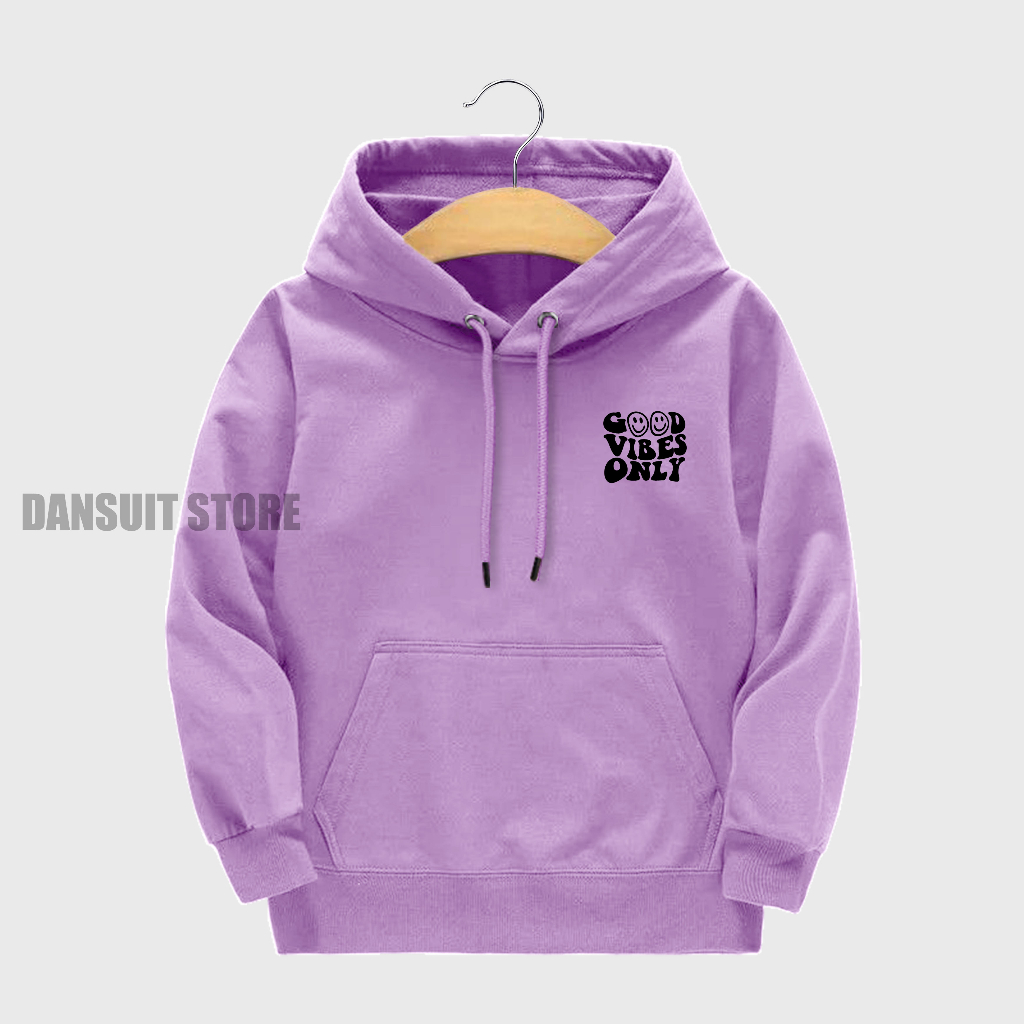 Sweater Hoodie Anak Laki-laki/Perempuan Usia 4-13 Tahun Motif Sablon GOOD VIBES ONLY Warna Pastel Bahan Tebal Premium