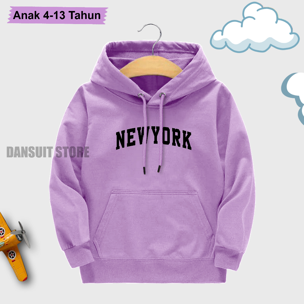 Sweater Hoodie Anak Laki-laki/Perempuan Usia 4-13 Tahun Motif Sablon NEWYORK Warna Pastel Bahan Tebal Premium