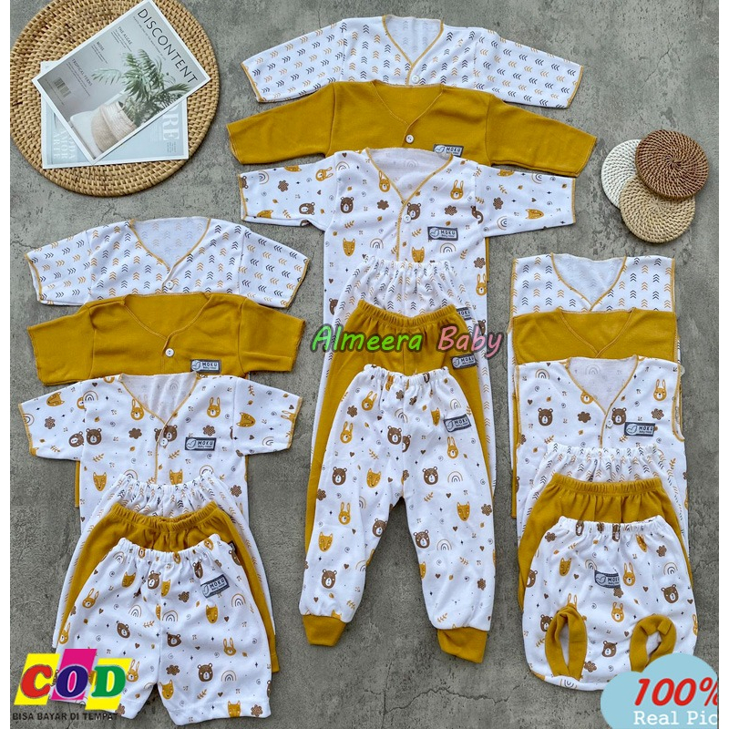 Isi 18 PCS Baju Bayi Celana Bayi Baru Lahir Paket Lahiran Series Mustard Usia 0-3 Bulan Almeera Baby and Kids