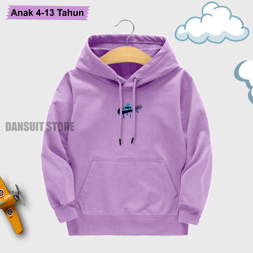 Sweater Hoodie Anak Perempuan Usia 4-13 Tahun Motif Sablon Karakter STITCH Warna Lilac Bahan Tebal Premium