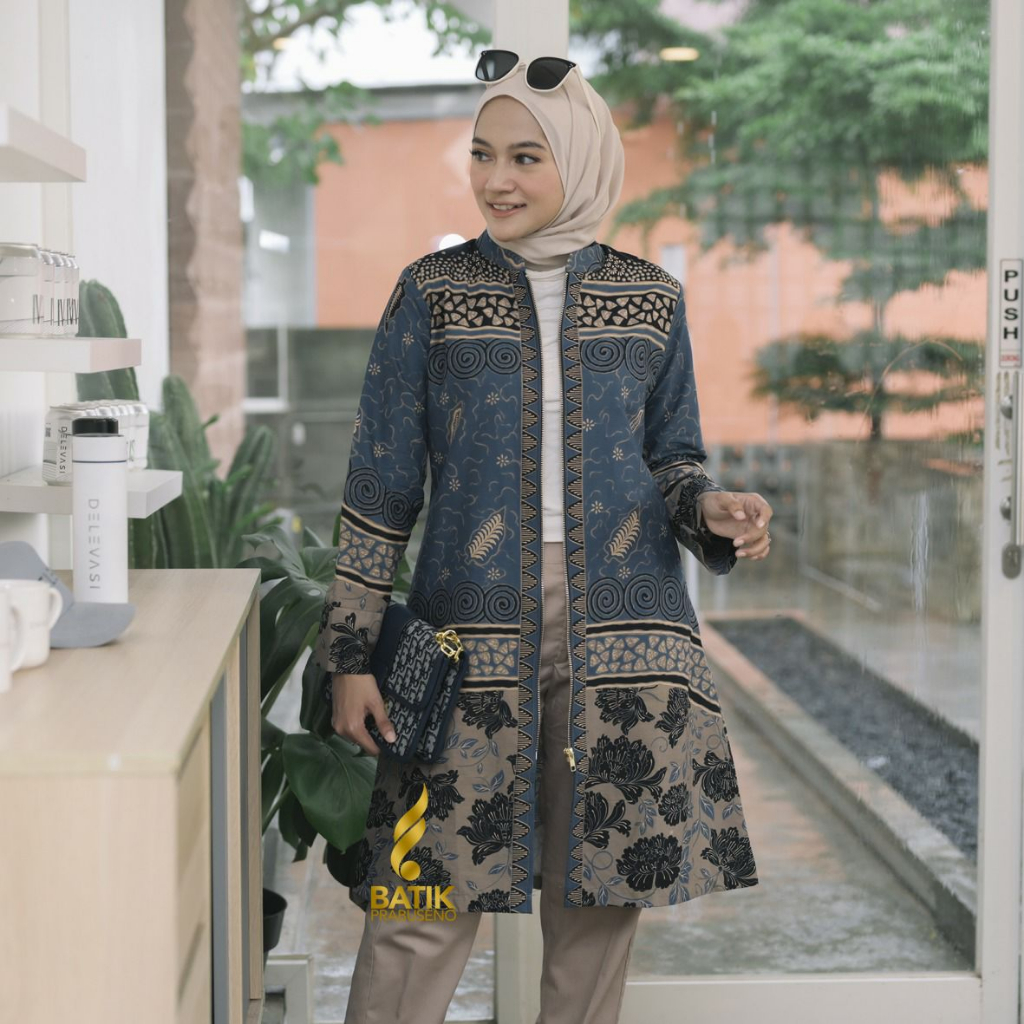 Tunik Batik Wanita Motif WANDA BIRU Lengan Panjang Model Resleting Depan Full Furing Trikot Katun Pr
