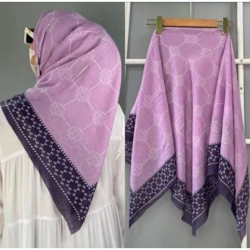 Hijab Voal Motif Premium/ Hijab Voal Segi Empat Laser Cut/ Jilbab Segi Empat Motif Ungu Muda Kombinasi Etnik Premium/ Hijab Motif Segi Empat Voal