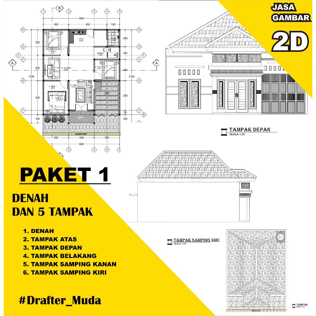 (DENAH RUMAH 2D) Jasa gambar PAKET 1 (DENAH DAN 5 TAMPAK)