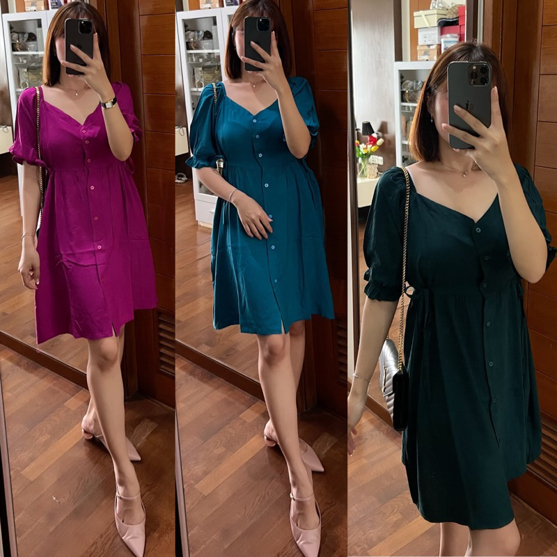 DRESS RAYON SELUTUT  BUSUI FRIENDLY BUMIL SEKSI KANCING FULL BAJU TALI SAMPING BAHAN RAYON PREMIUM TEBAL DRESS ANDIN