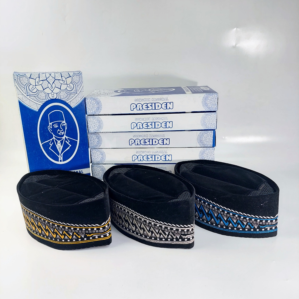 Peci Songkok Hitam Motif Batik Putih Biru Emas Dewasa Berkualitas / Peci Kopiah Batik Putih Biru Ema