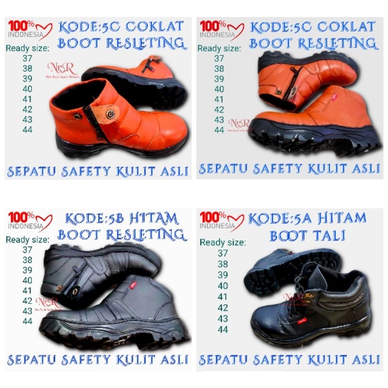 Sepatu safety BOOT RESLETING kulit sapi asli hitam finish semir slip on sepatu proyek ujung ada besi Pengaman