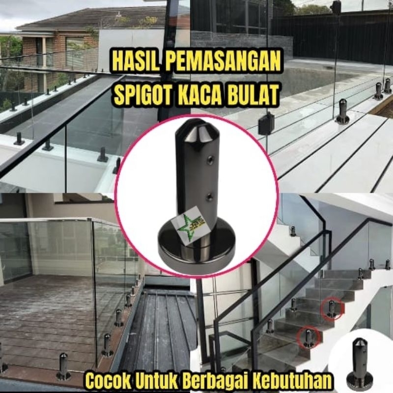 SPIGOT/BRACKET KACA BULAT BLACK GLOSSY STAINLES SS 304