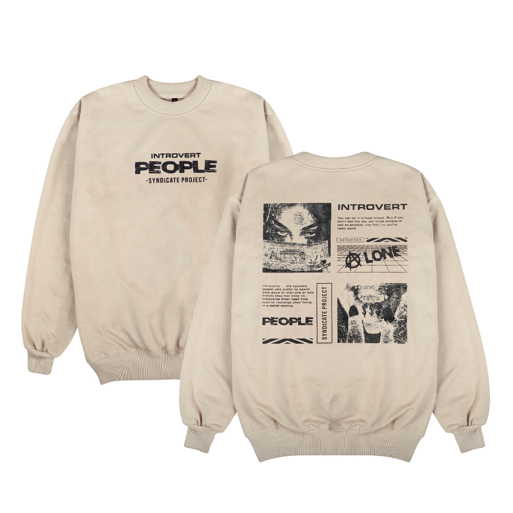 Sweater Crewneck Pria Wanita Bahan Fleece Warna Cream Motif People