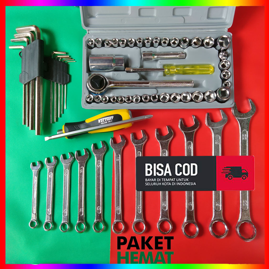 COD Kunci Shock Sok Set 40 Pcs - Kunci Ring Pas 11 pcs - Kunci L 9 Pcs - Obeng Ketok Tekiro