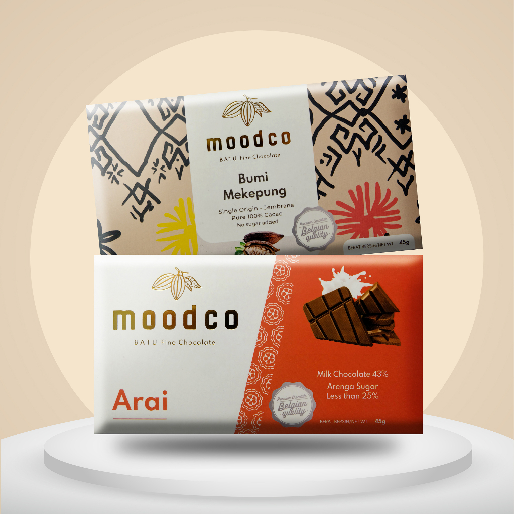 

Moodco Fine Chocolate | Bundling 2 varian Cokelat Bar Bumi Mekepung & Arai | Single Origin 100% & Dark Milk Chocolate 45 gr| Real Coklat Bukan Coklat Kompon