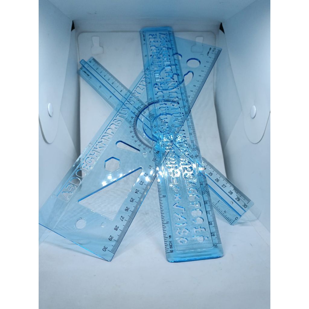 SET PENGARIS 30 CM BERBENTUK BUSUR RULER SET PLASTIK BIRU 1 SET ISI 3 PCS