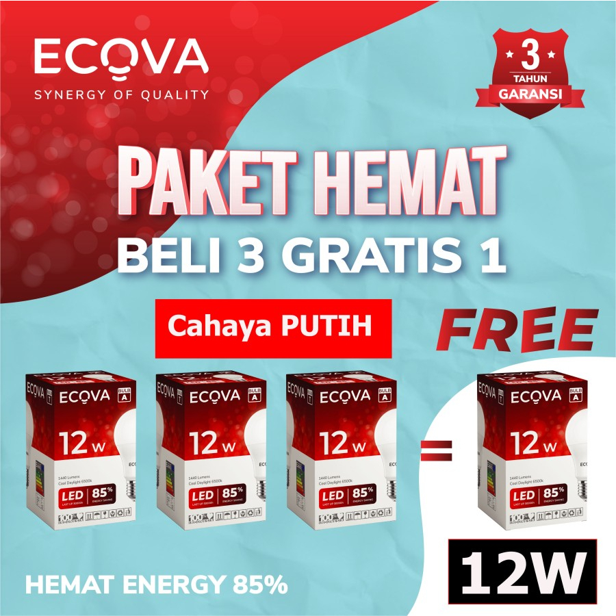 cahaya PUTIH PAKET HEMAT 4 PCS Lampu LED 12 Watt ECOVA GARANSI 3TAHUN