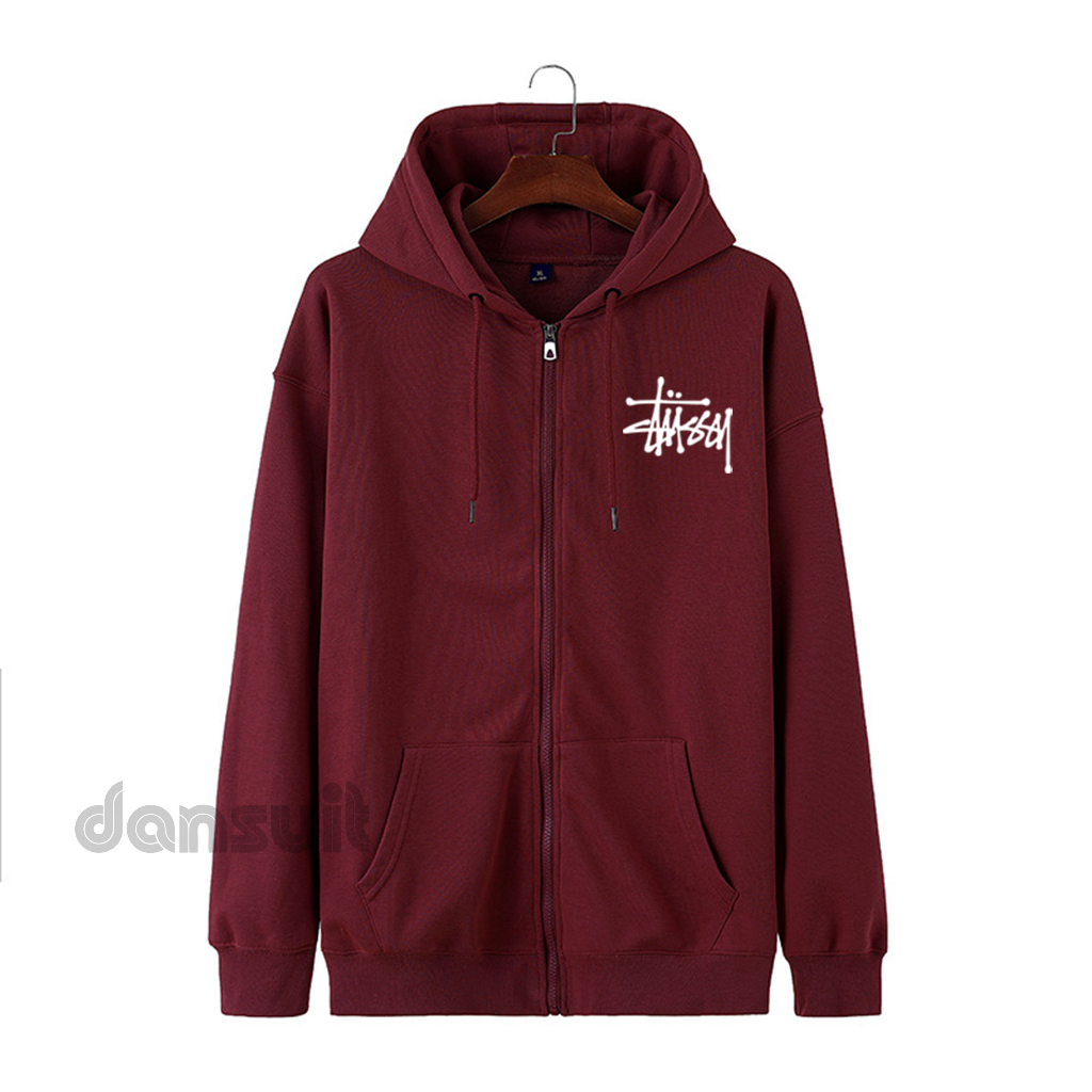 Hoodie Zipper Resleting  Motif Sablon STUSSY Logo Pria/Wanita Size M - XXXL Bahan Tebal Premium