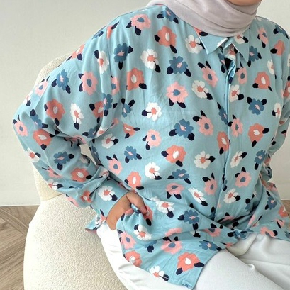 (MID YEAR SALE) Pattern Oversized Shirt - Flower Cozy Blue (READY STOCK)