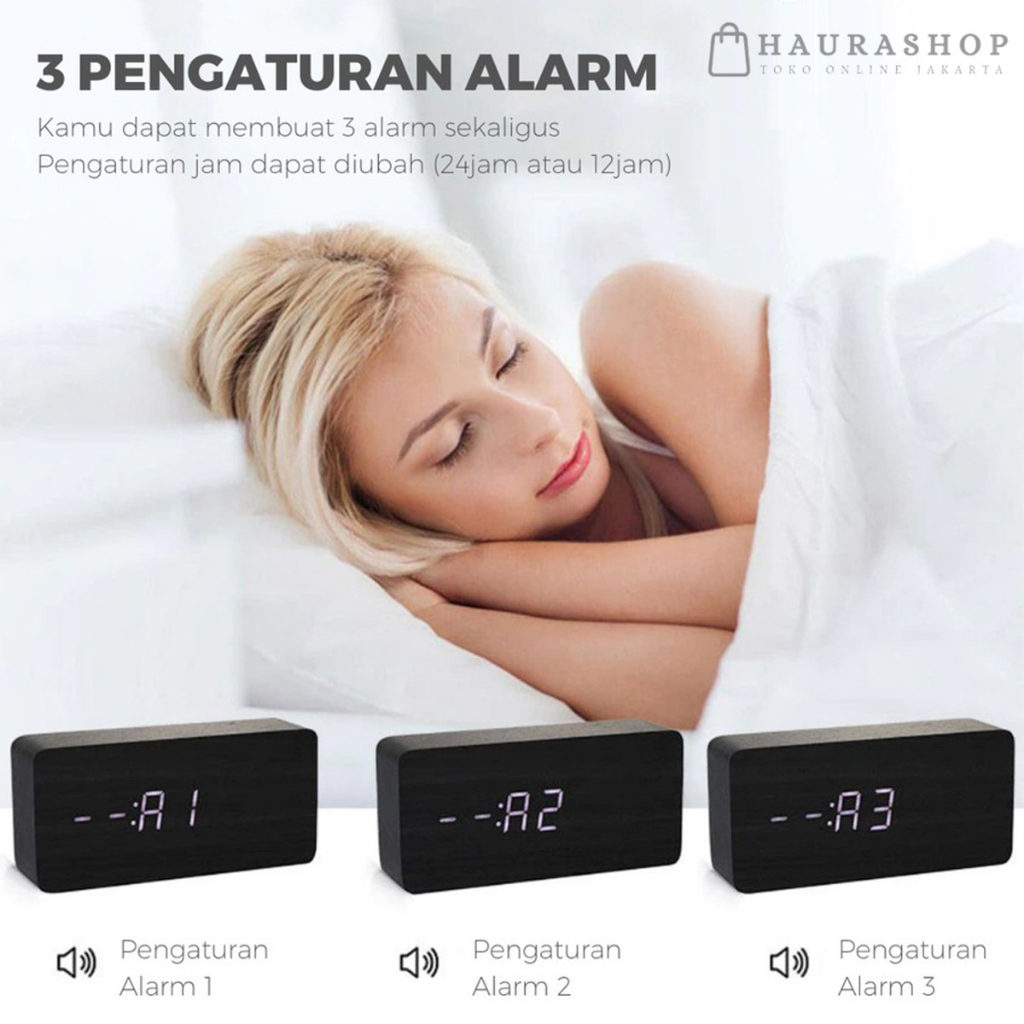 Jam Meja Kayu Digital LED Alarm Smart Clock Date Wood Temperature