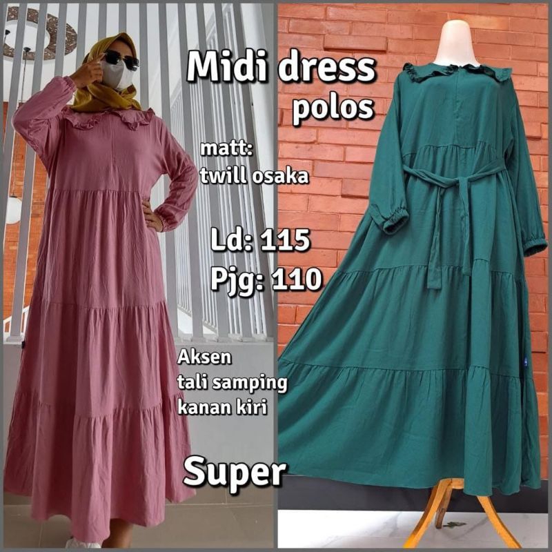 Baju gamis midi dress polos ,bahan twill osaka