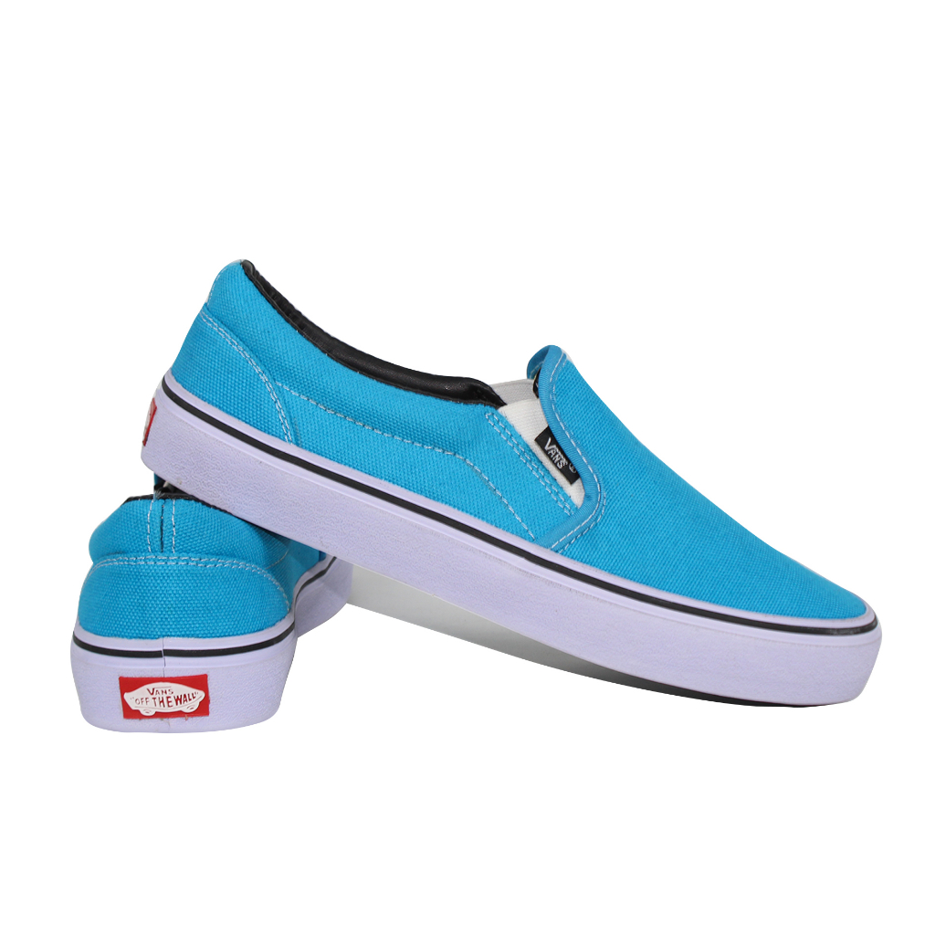Sepatu vans pria slip on tanpa tali wanita biru turkis murah