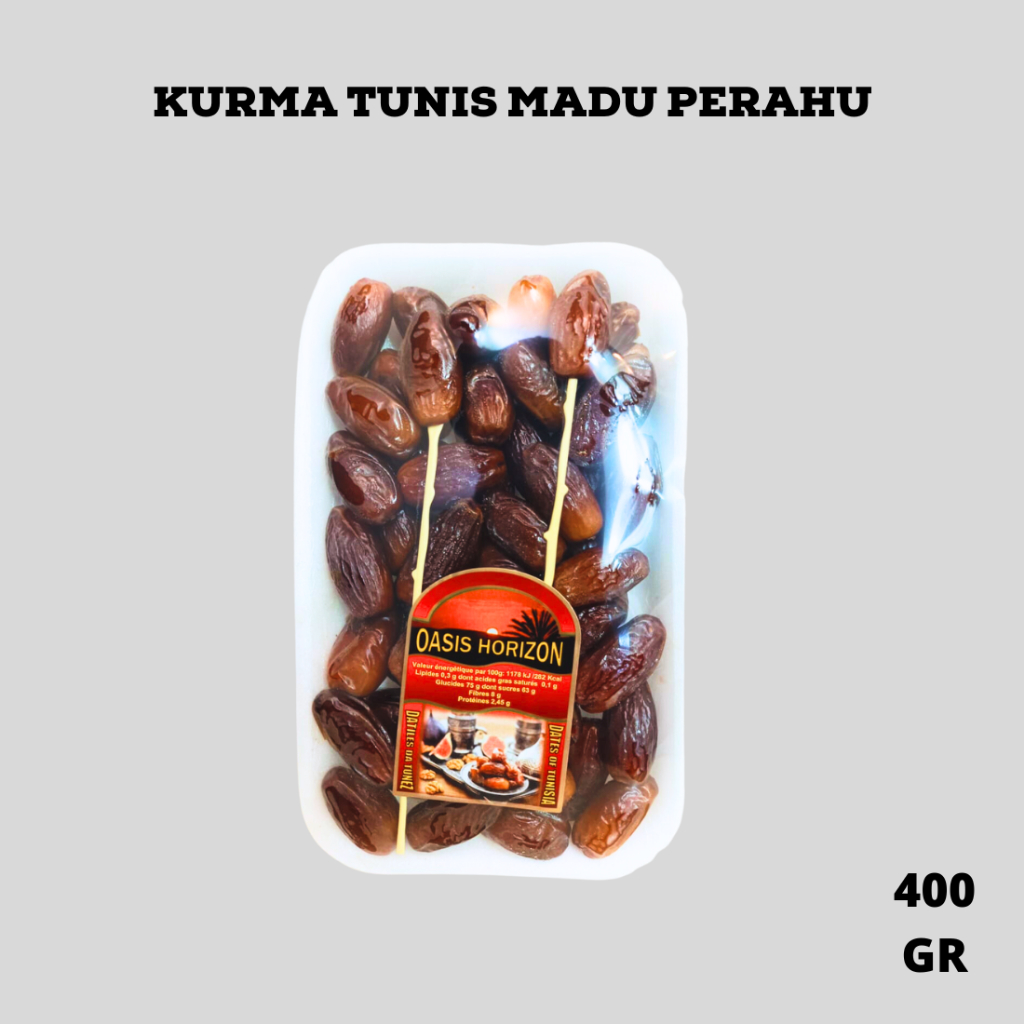 

Kurma Perahu 400g Box 12Pcs / Premium Quality / Kurma Tunisia Madu / Kurma Tunis Non Tangkai
