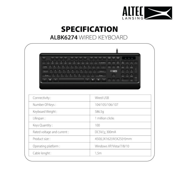 Keyboard Wired Altec Lansing ALBK6274 Silent Design