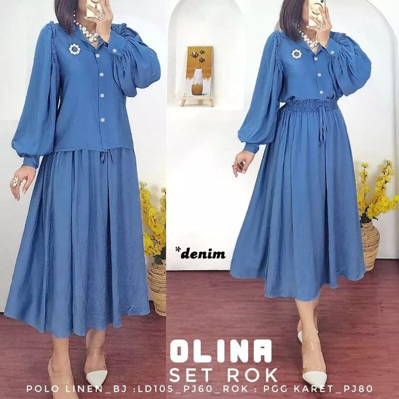 Setelan Terbaru Olina Set Rok Stelan Wanita Kekinian One Set Wanita Korean Style Bahan Pollo Linen