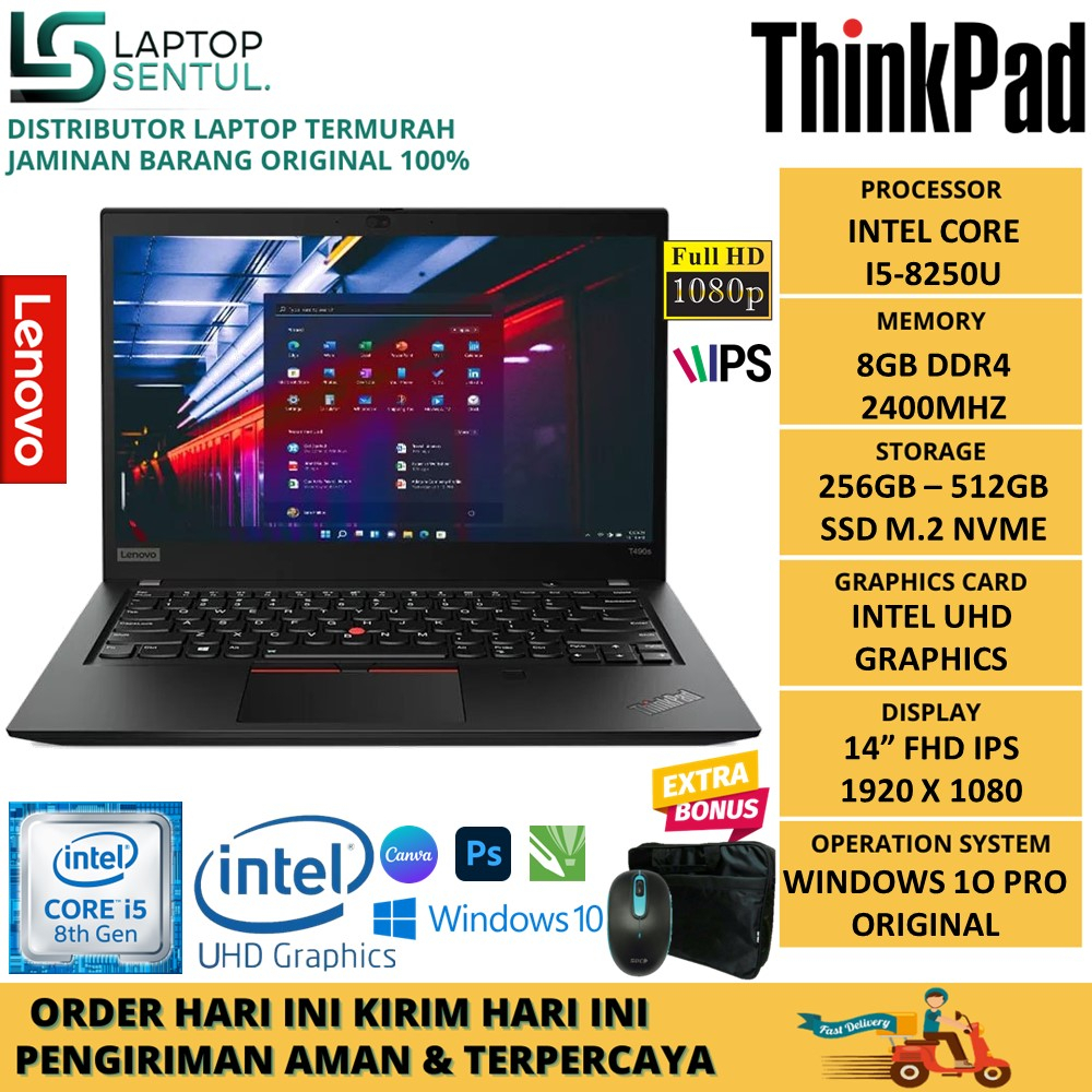 LAPTOP MURAH LENOVO THINKPAD T480S INTEL CORE i5 8350U 8GB SSD 256GB 14.0&quot; FHD WIN10PRO BLACK SECOND