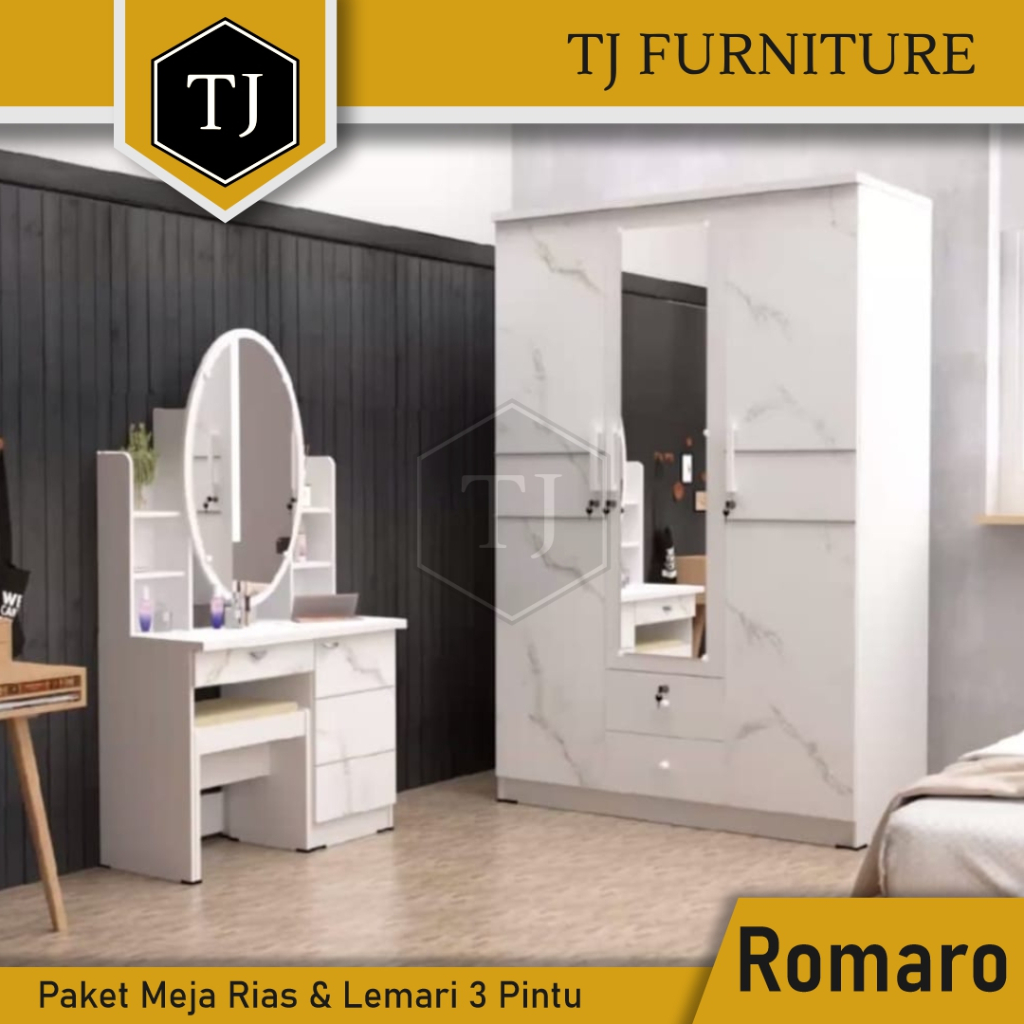 Paket Romaro Lemari Pakaian 3 Pintu & Meja Rias Minimalis / Meja rias putih / Meja rias sliding.