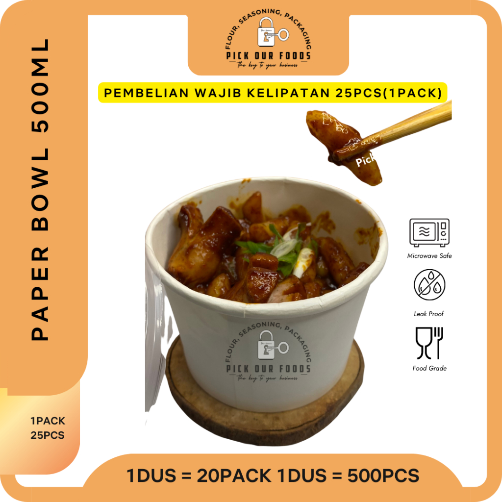 Paper Bowl 360ml / 500 / 650 / 800 / Rice Bowl 800ml / 650 / 500 / 360 / Mangkok Kertas + LID (ISI 25 Pcs)