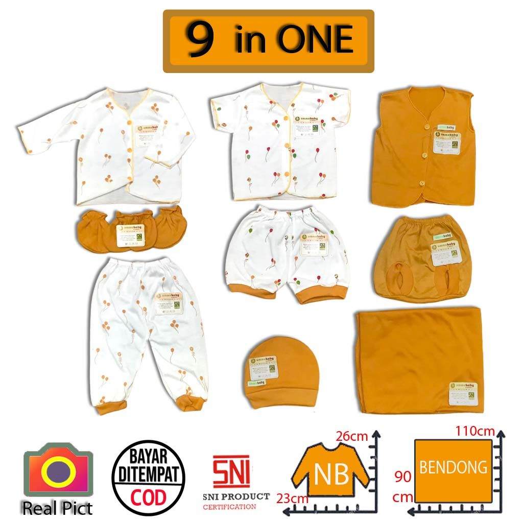 9in1 Set Kado Baju Bayi Pakaian Bayi Baru Lahir lengkap Topi Bedong Sarung Tangan dan Sarung Kaki Gift Set Hampers Balon Mustard