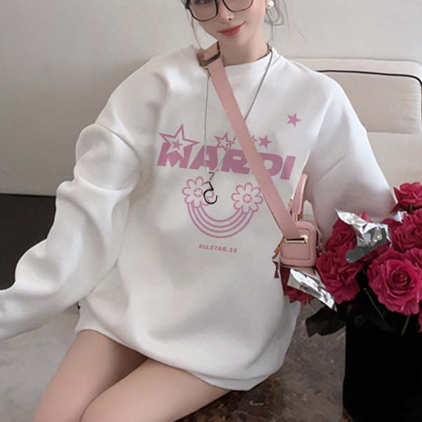 Sweater Lengan Panjang Cartoon Pink Mardi Star Printing Korean Style/Sweater Crop/Baju Wanita/Switer Wanita/Switer