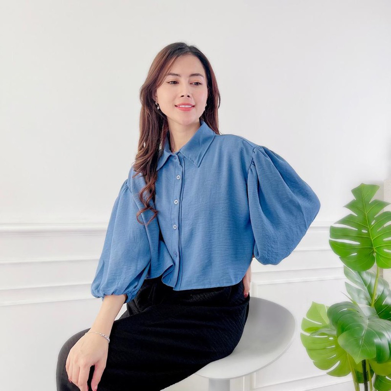 QR - REC Outfit Atasan Kemeja Wanita Crop Krinkel / Elza Crop Balon CRINCLE / Baju kem Kekinian