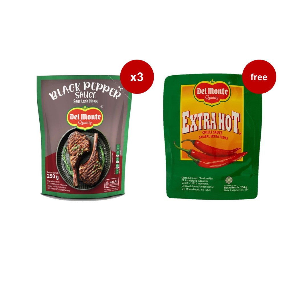 

Delmonte Blackpepper Pouch 250 g x 3 + Free Delmonte Saus Extra Hot Chilli Pouch 200g